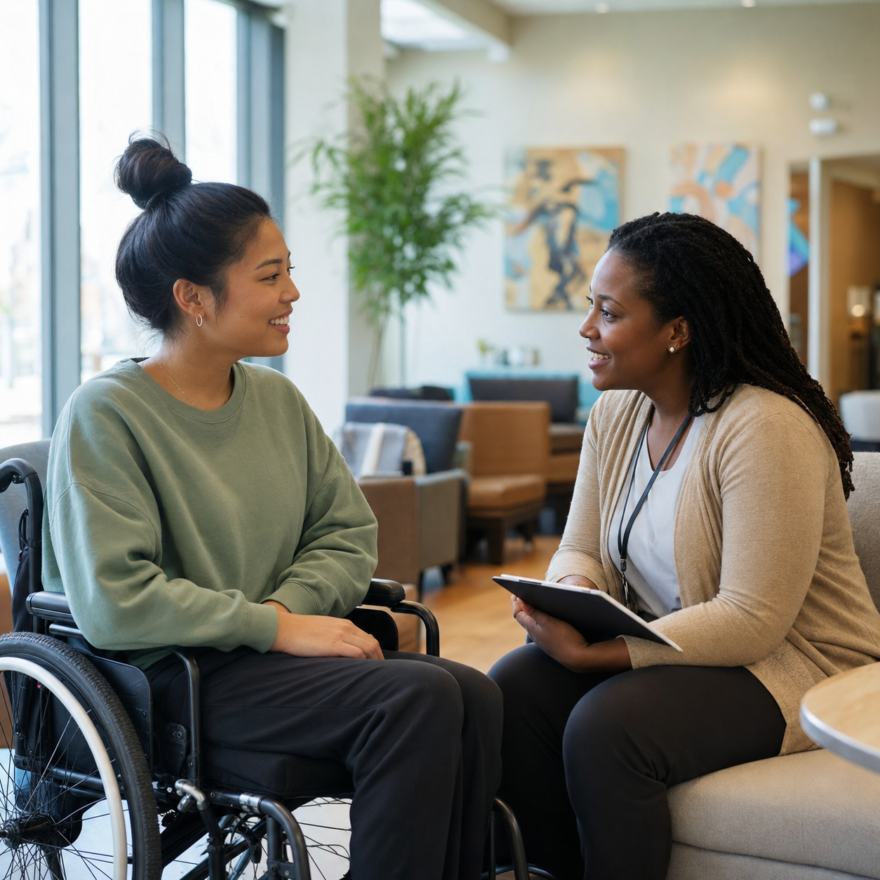 Asian American wheelchair passenger speaking with a Black care coordinator